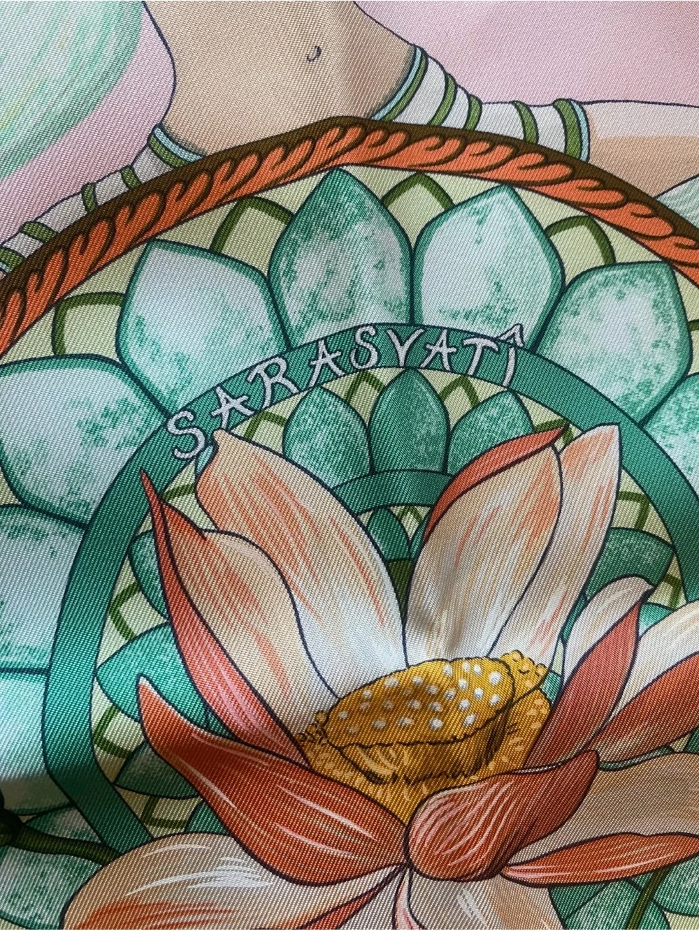 Hermes Pink and Green Silk Scarf with Lotus and River Scene - Picture 7 of 12